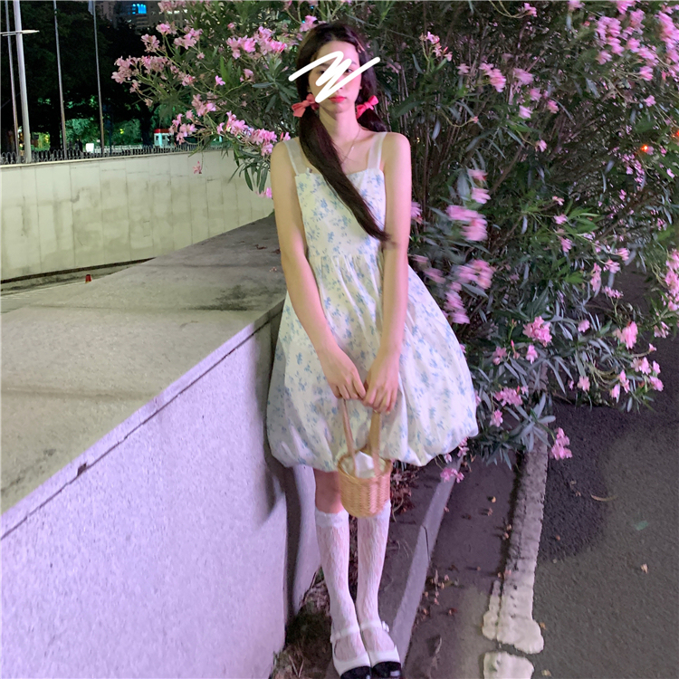 Real price ~ summer new detachable mesh bowknot sweet backless floral pompous suspender dress