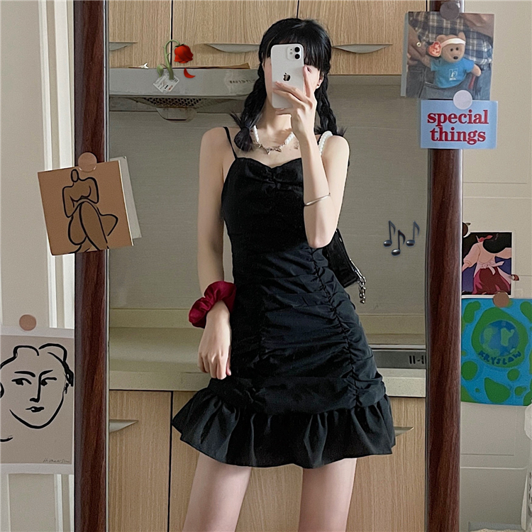 Real price ~  Summer new niche waist pack buttock pleated Ruffle black strapless dress