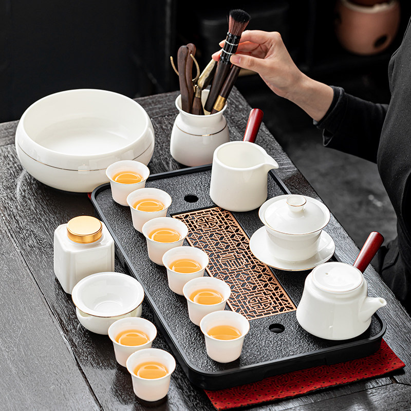 琨德羊脂玉白瓷茶具套装家用办公室功夫茶壶陶瓷盖碗茶杯送礼高档