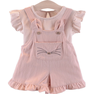 女童新款夏装0-1-2-3周岁女宝宝背带短裤两件套夏天衣服儿童套装