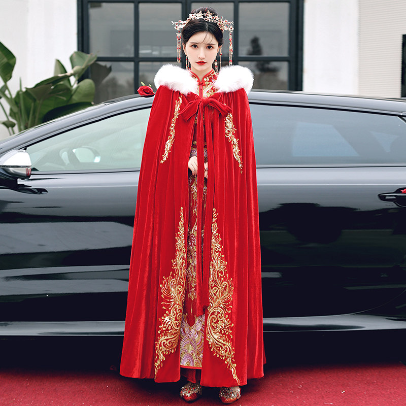 秀禾服披风斗篷外套女冬红色长款披肩结婚加绒加厚保暖连帽大外披