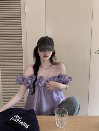 Designed Purple Ruffled One-Shoulder Tank Top for Women, Summer Loose Fit, Slimming Off-Shoulder Top