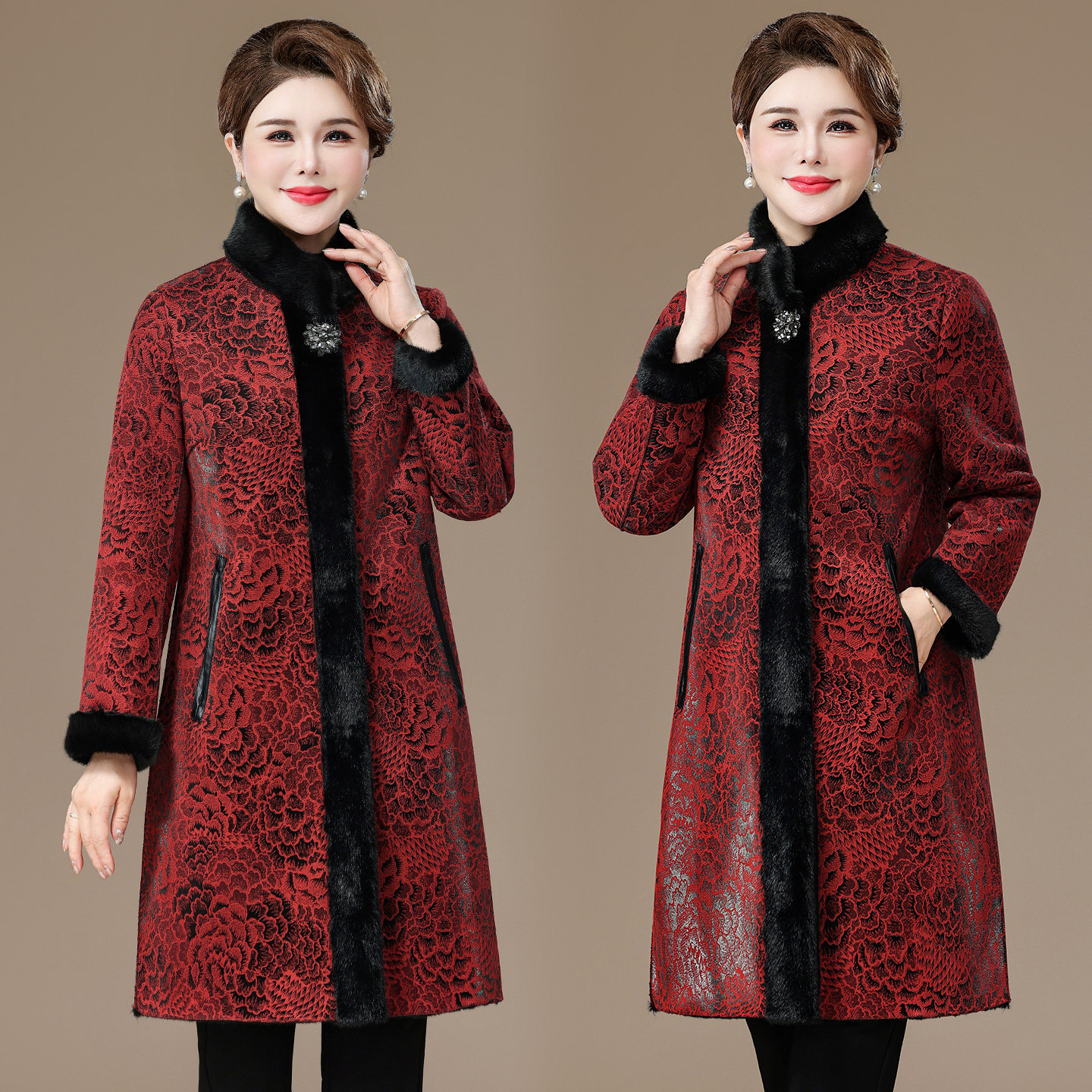 妈妈冬装皮毛一体大衣2025新款中长款中老年女装时尚貂绒皮草外套