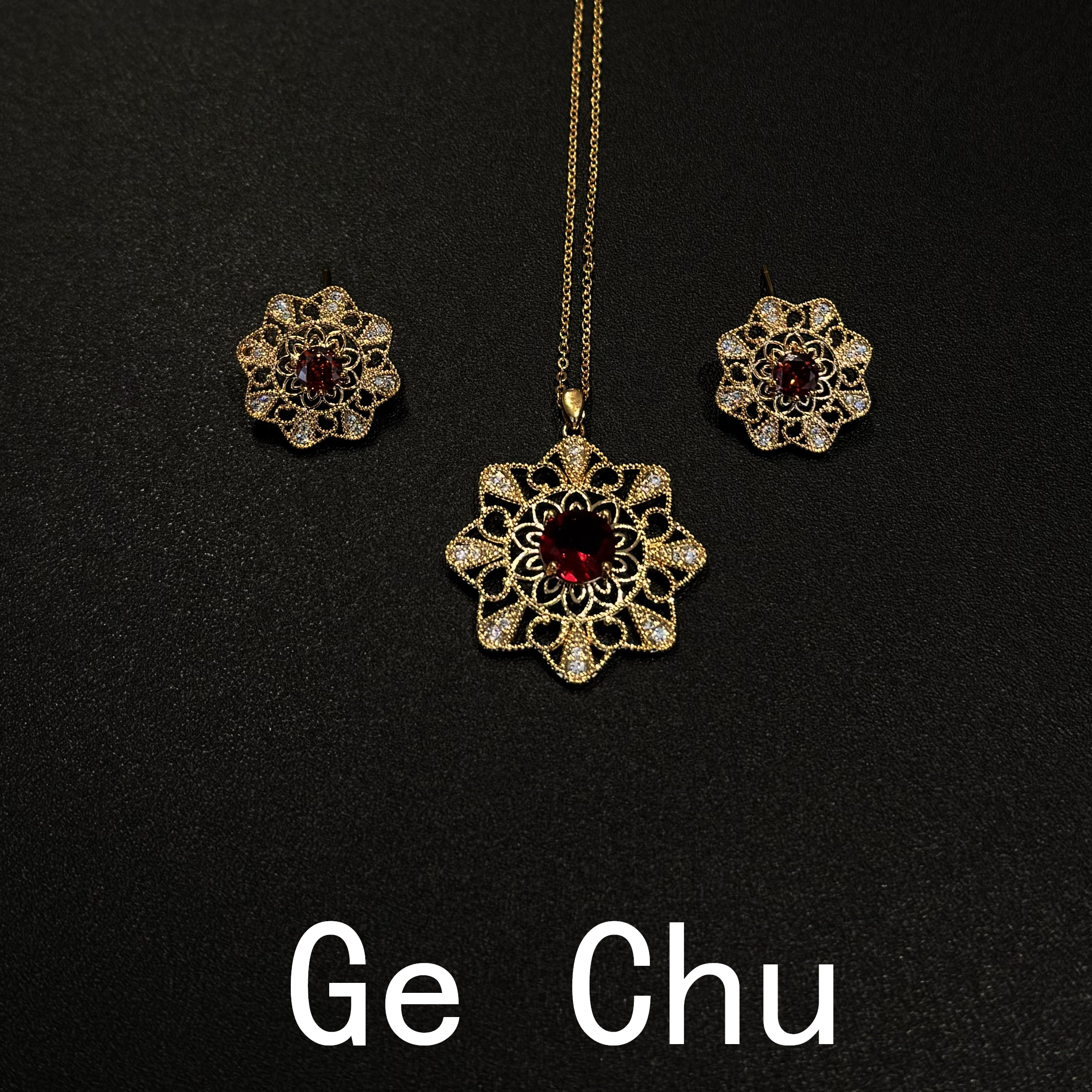 新中式唐潮镂空满钻花朵吊坠项链国风爆闪耳环显白锁骨链套装