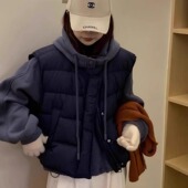 韩版 宽松显瘦坎肩外套 新款 羽绒棉马甲 连帽卫衣两件套女2025冬季