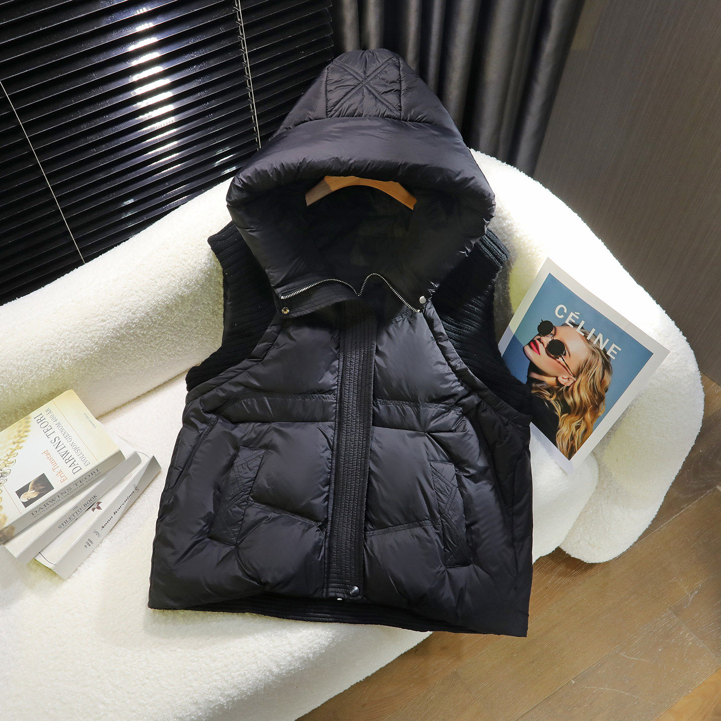 针织拼接棉马甲女加厚保暖连帽春秋马夹2026新款坎肩外套大码女装,女装/女士精品,马夹,淘宝优惠券,粉丝福利购,淘宝优惠卷