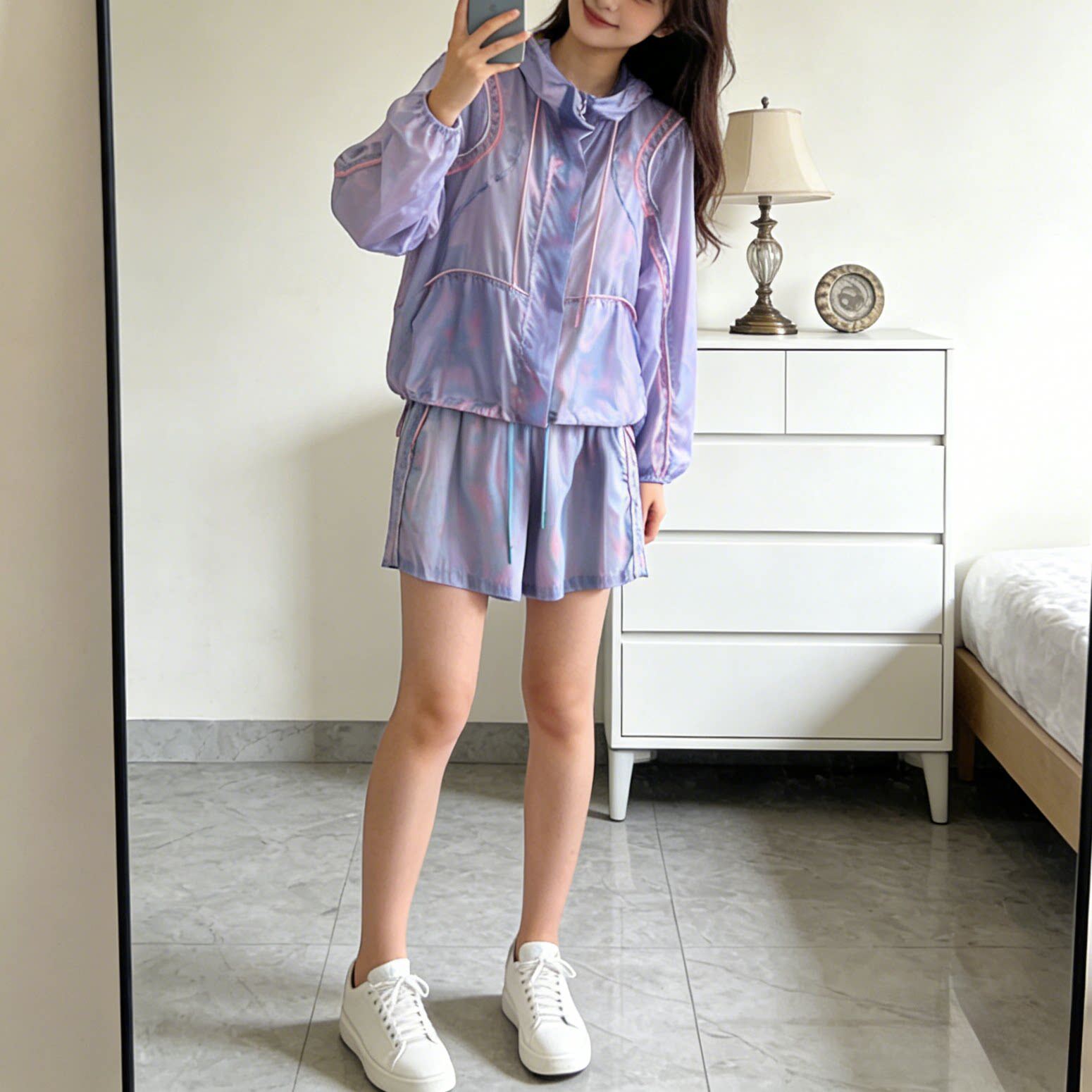 宽松小个子运动服两件套女2026夏季花色连帽开衫防晒外套短裤套装