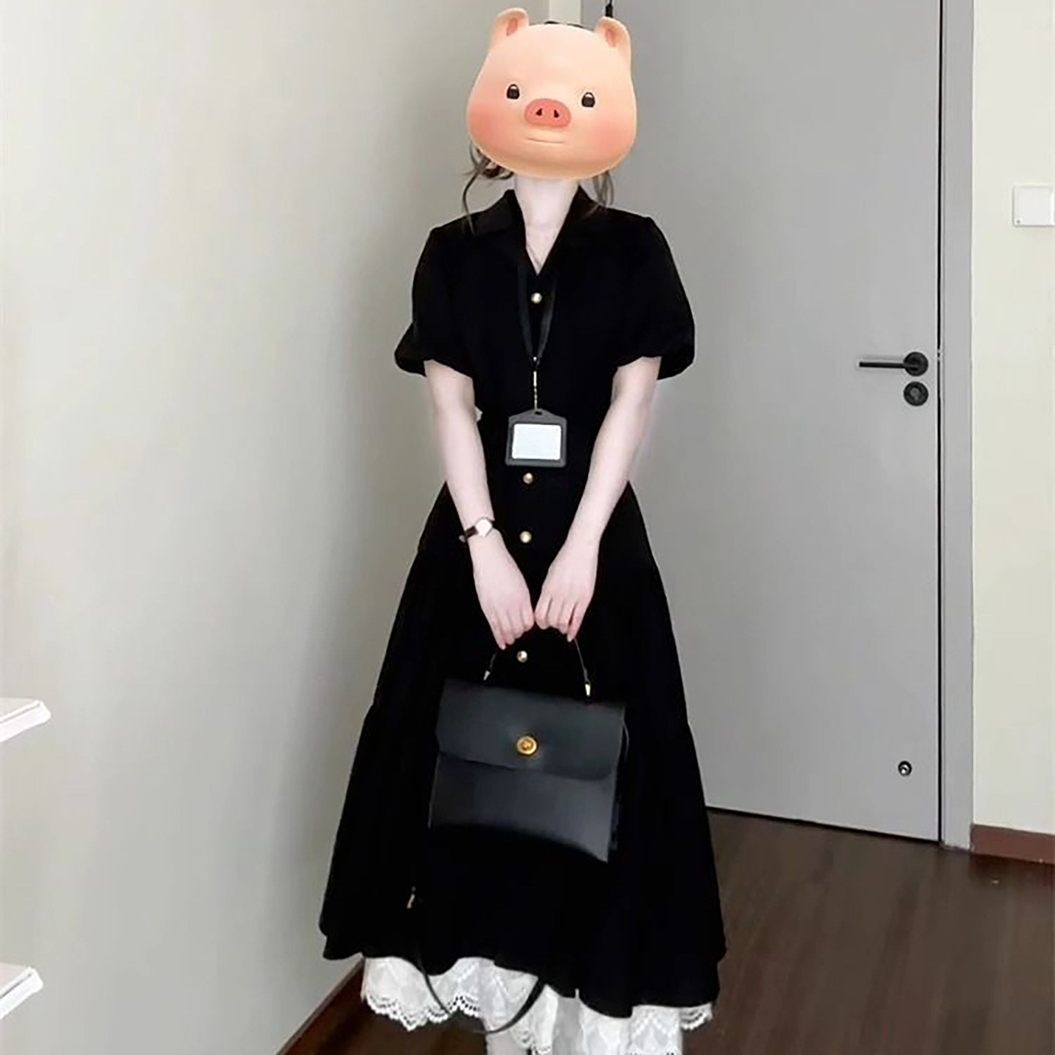 赫本风单排扣休闲V领短袖衬衫连衣裙女夏季微收腰气质大码长裙子