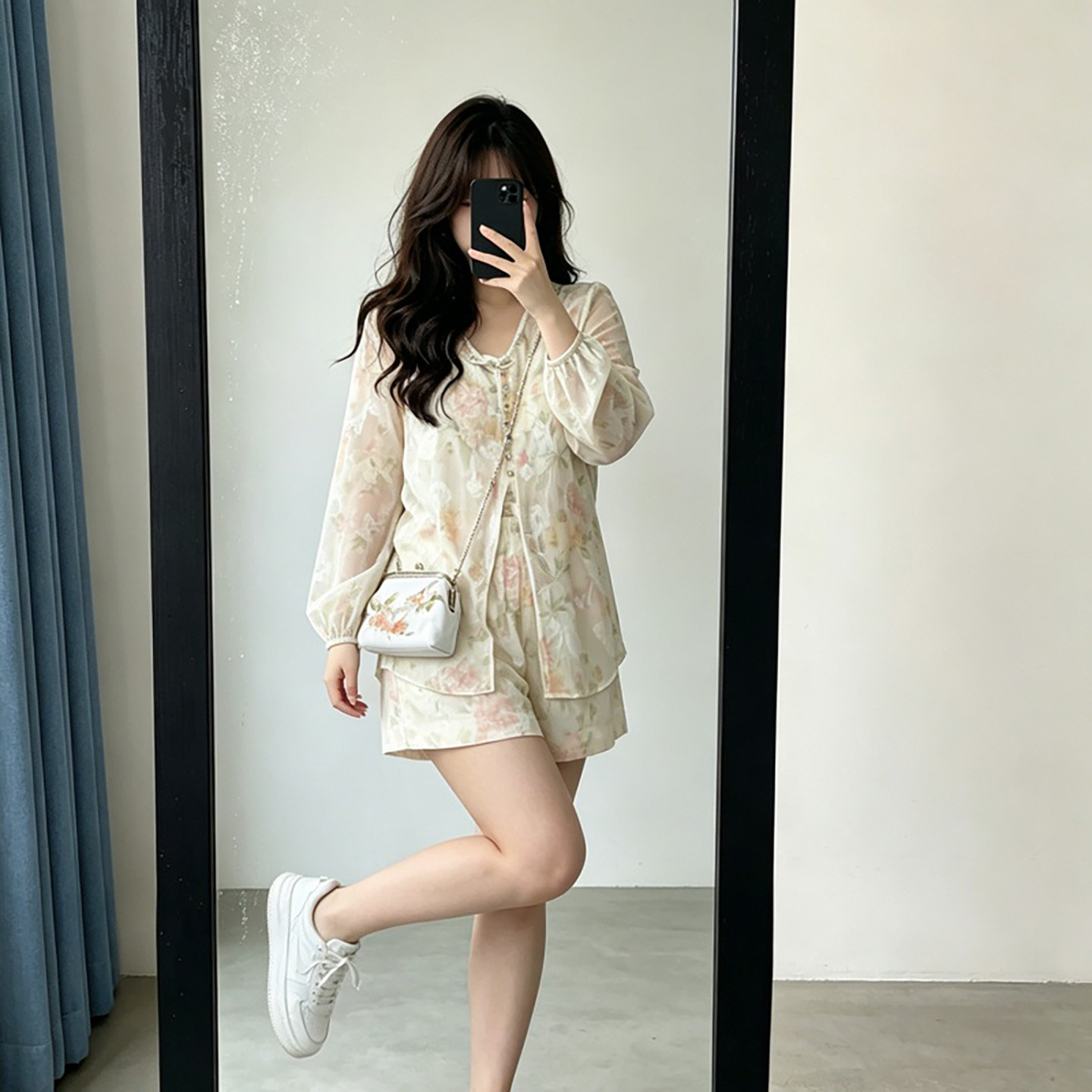 碎花长袖衬衫吊带内搭阔腿短裤三件套女夏季轻薄防晒衣休闲运动装