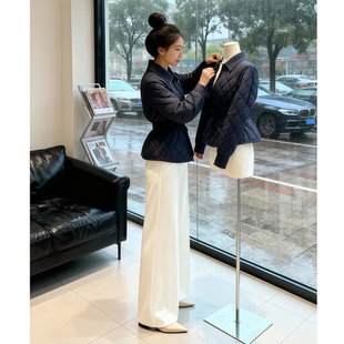 秋冬新款欧货翻领洋气百搭菱形格棉服女时尚收腰显瘦气质棉袄外套