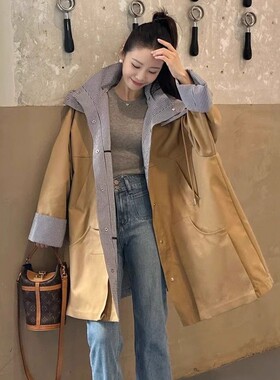 设计感风衣女格纹连帽中长款百搭