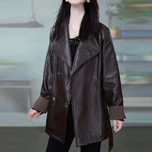 高级皮衣 领皮衣外套女收腰中长款 2026春秋叠穿大码 宽松轻奢风西装