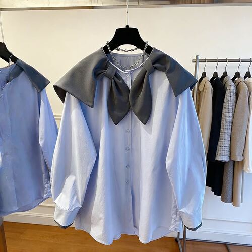 大码海军领防晒蝴蝶结长袖衬衫