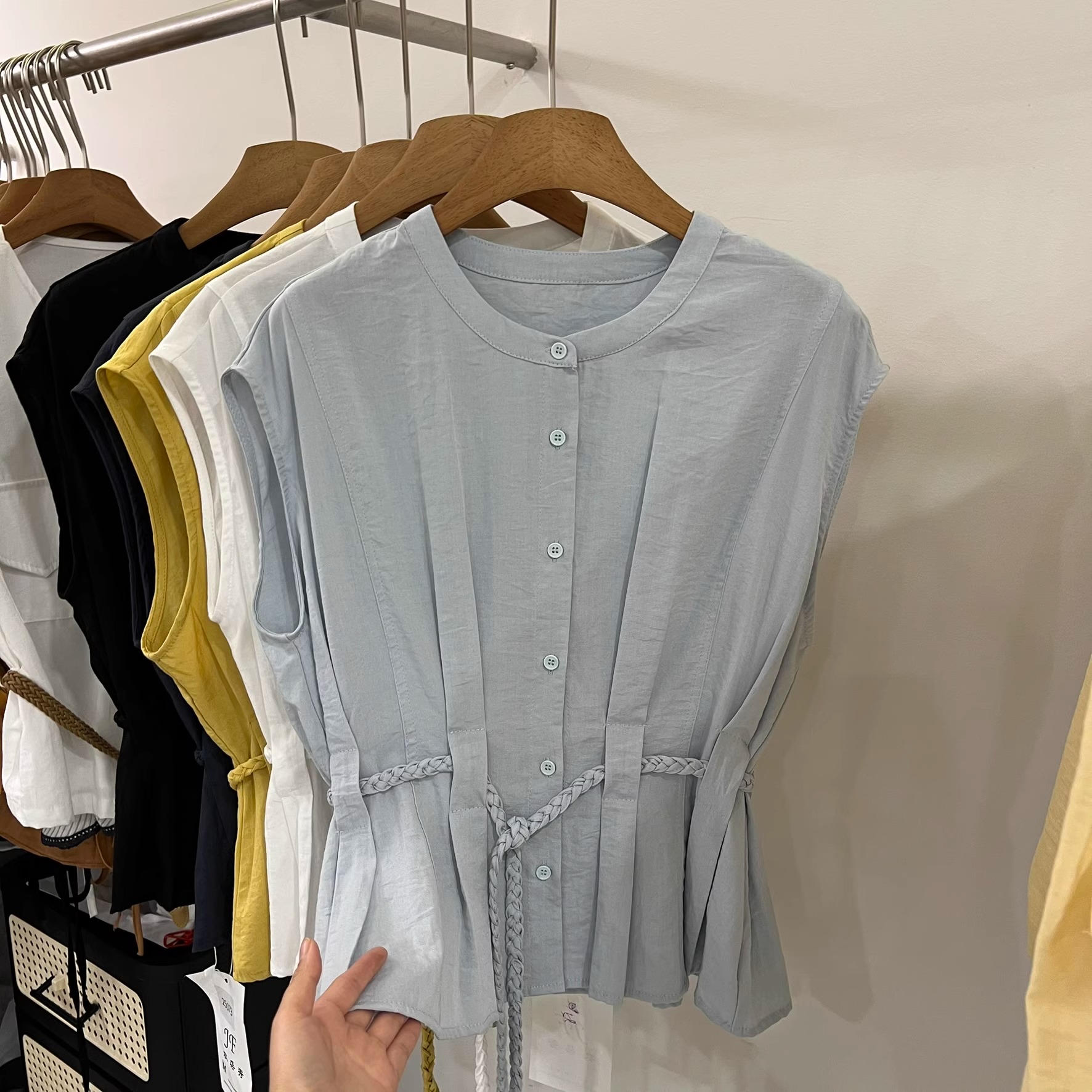 夏季圆领无袖系带衬衫单排扣上衣