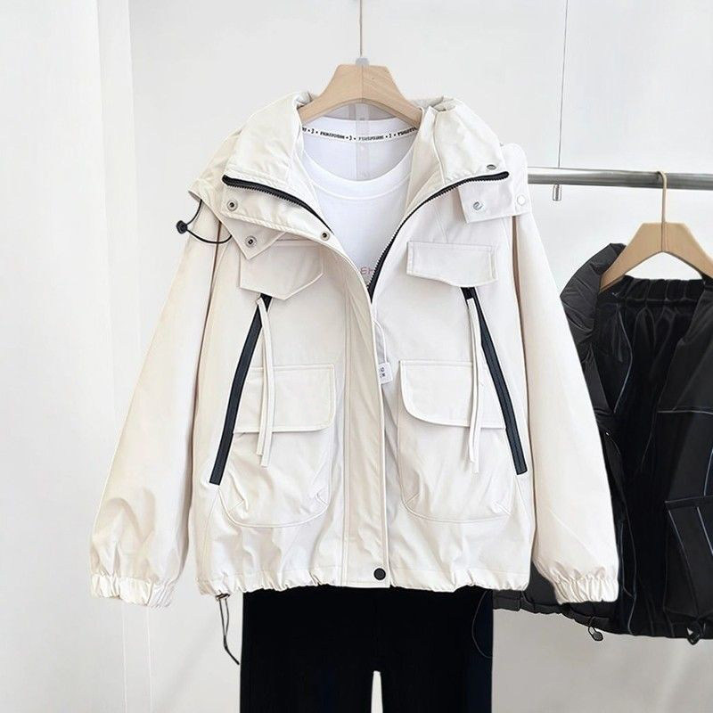 大码女装连帽米白色棉服冲锋衣2025冬季宽松巨显瘦保暖棉衣厚外套