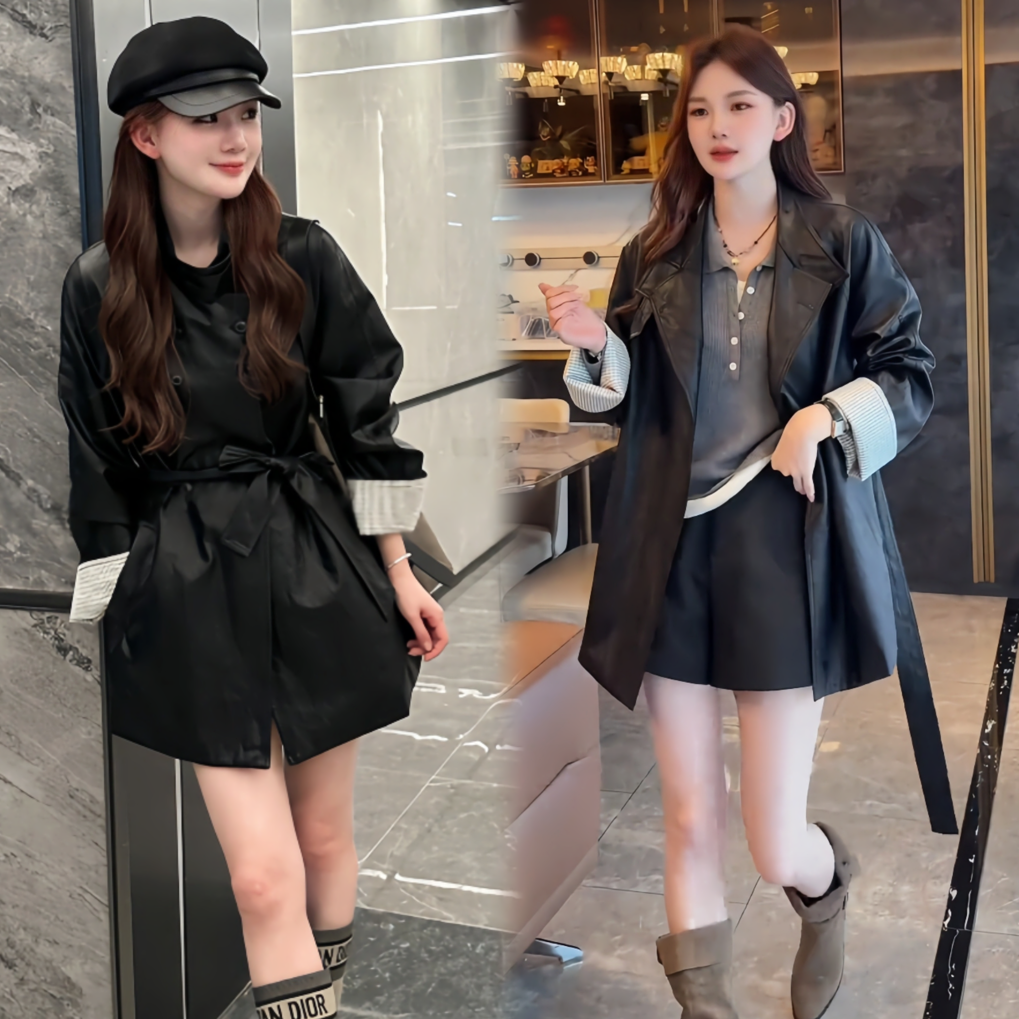 条纹拼接黑色皮衣外套大码夹克女