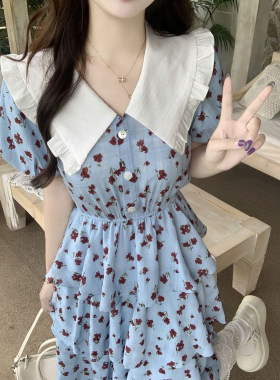 法式甜美风娃娃领蓝色碎花连衣裙女夏季泡泡短袖层次感大码长裙子