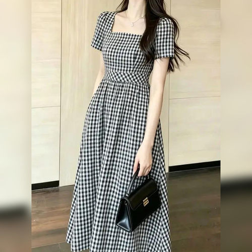夏季赫本风格子大码显瘦连衣裙