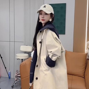 风衣外套女2026春秋洋气连帽宽松百搭撞色显瘦上衣 中长款 大码 女装