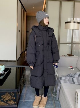 大码女装白色中长款过膝羽绒棉服胖mm秋冬季爆款连帽保暖夹棉外套