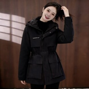 连帽冲锋衣女户外运动休闲防风收腰工装 中长款 外套 叠穿大码 春秋季