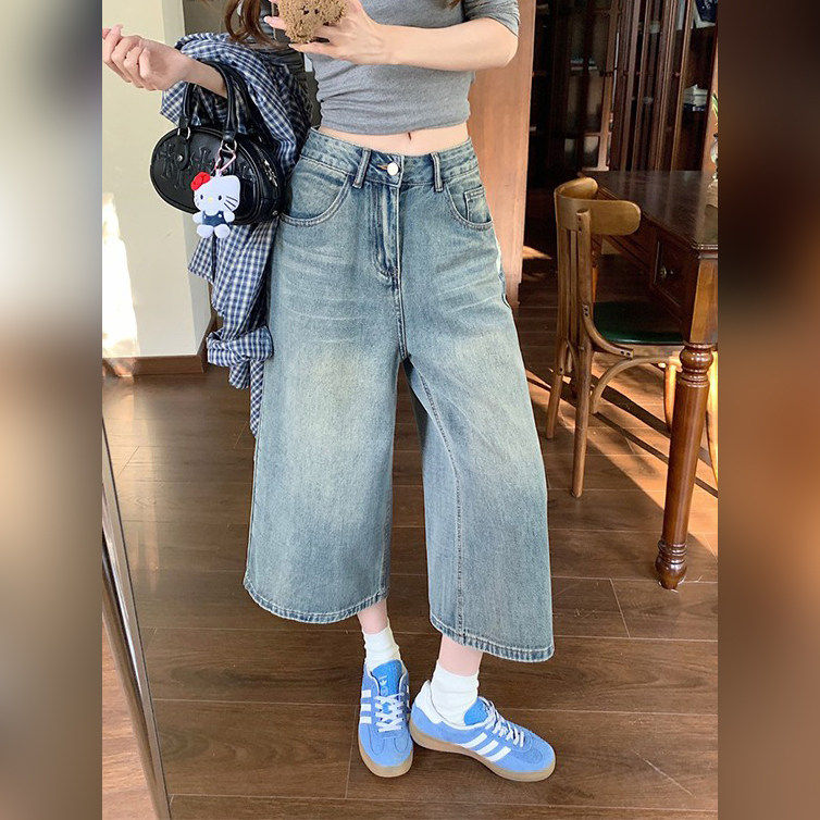 复古风浅色休闲高腰直筒牛仔裤女2026夏季大码宽松垂感阔腿七分裤