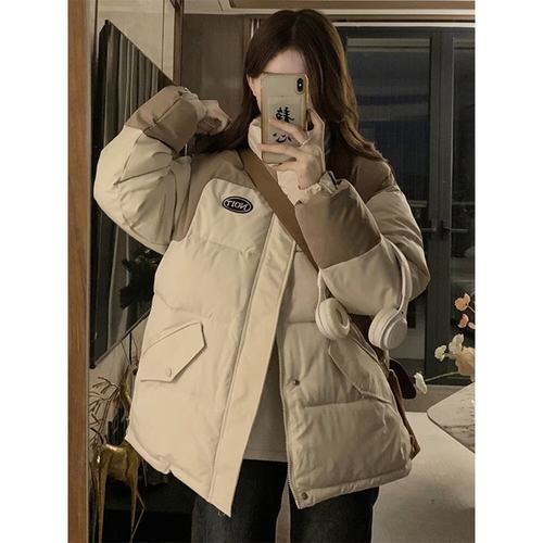 大码胖mm美式复古撞色羽绒棉服女