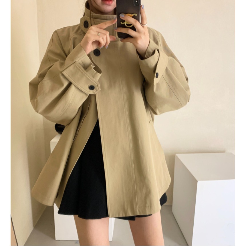 卡其色立领风衣外套女中长款大衣