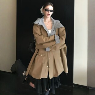 韩版宽松格纹拼接中长款风衣女2026春秋假两件设计卡其色上衣外套