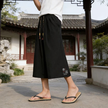 男士国风新中式七分裤夏季潮流潮牌过膝休闲短裤百搭冰丝七分裤子