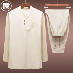 纯棉中国风男装七分袖套装青年佛系中式禅意茶服禅修服居士服夏装