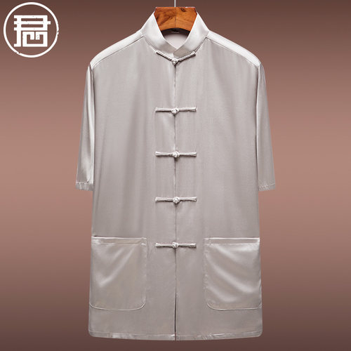 唐装重磅短袖夏季丝绸衣服中式