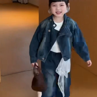 女童春秋新款牛仔套装韩版牛仔外套飘带牛仔阔腿裤韩版洋气两件套