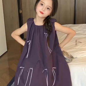 女童连衣裙夏季新款2026蝴蝶结童装轻奢女宝宝紫色儿童背心裙