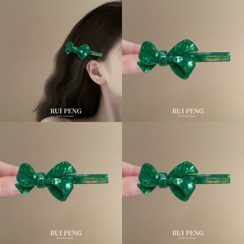 韩版绿色醋酸蝴蝶结发夹女甜美碎发刘海侧边夹子显白精致发卡头饰