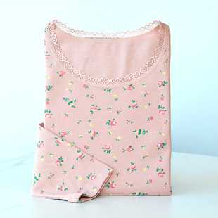 女士纯棉内衣100%棉单件上衣全棉印花家居服睡衣加厚低领打底秋衣