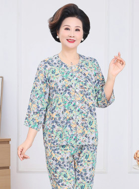 奶奶夏季棉绸套装扣子开衫