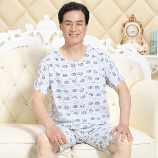 棉绸睡衣男夏季爸爸家居服薄款两件套中老年人短袖短裤人造棉套装