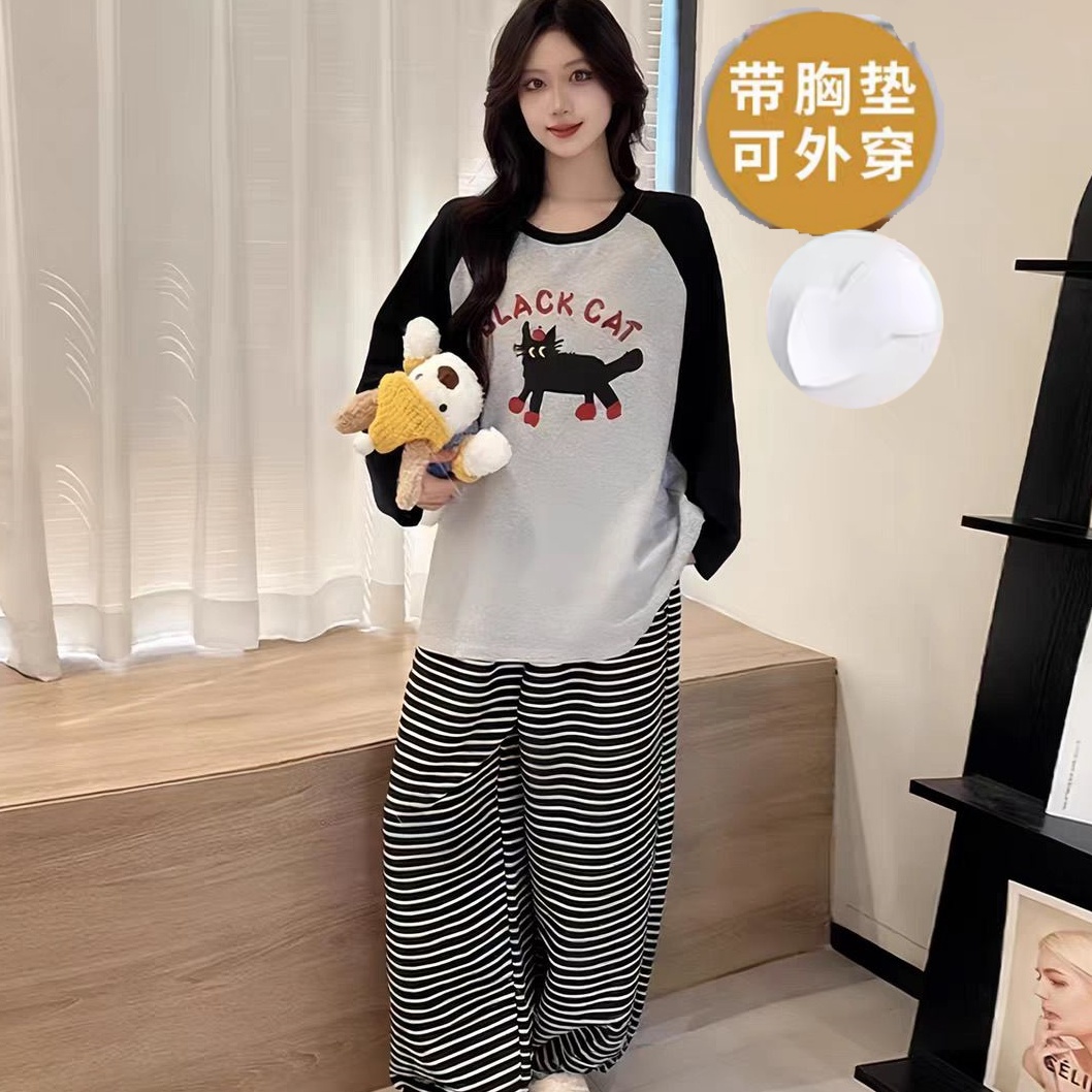 睡衣女士春秋季长袖带胸垫卡通家居服可外穿少女慵懒风大码套装冬