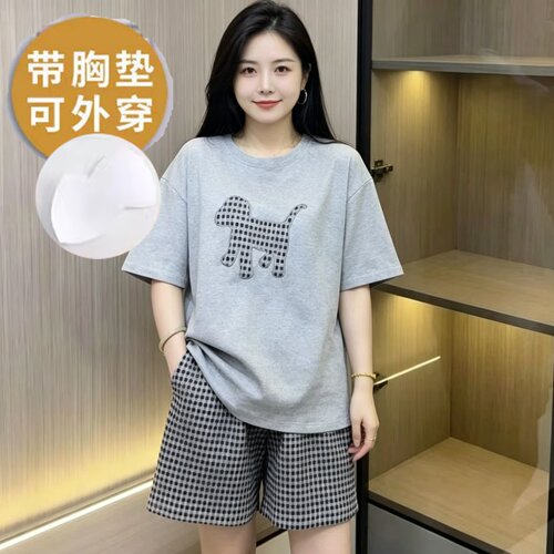 女士夏季胸垫短袖短裤家居服套装