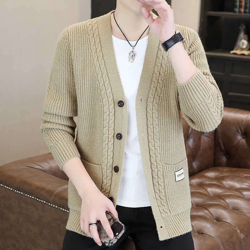 复古秋冬加厚灰色纽扣开衫V领