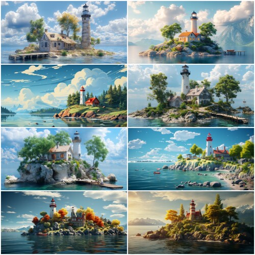 鱼缸背景贴纸画高清图灯塔白云风景画外贴水族造景装饰图高端定制