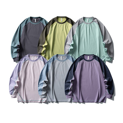 日系山系户外速干运动透气撞色插肩宽松长袖T恤