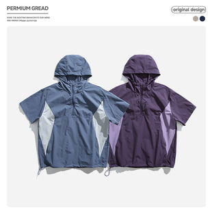 夏季 短袖 衬衫 男女多巴胺街头潮牌户外套头上衣 拼色连帽机能风工装