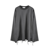 日系高街潮牌下摆破洞长袖 T恤男女ins潮流嘻哈宽松纯色内搭打底衫