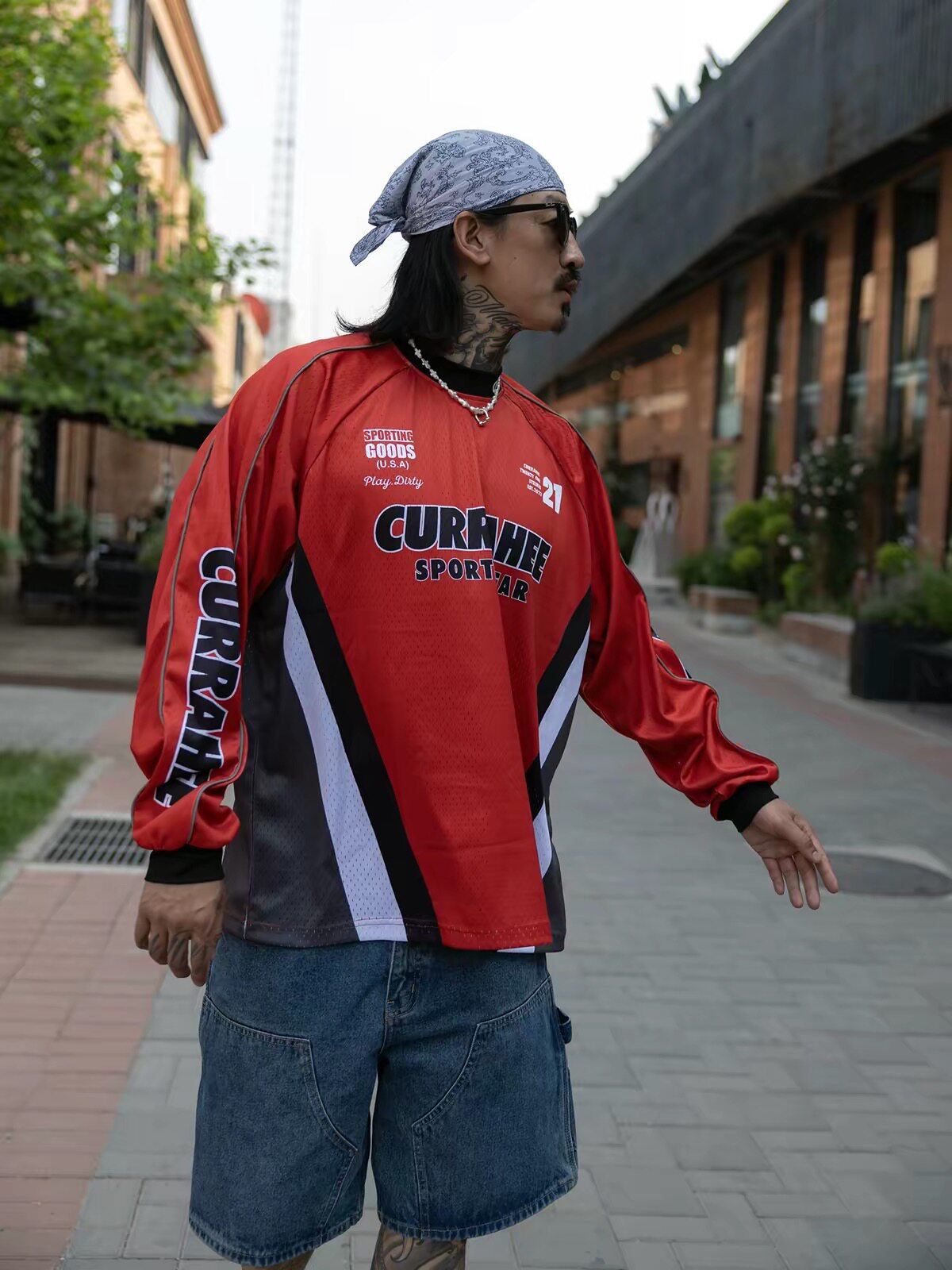 日系潮牌户外骑行摩托车服美式复古t时尚休闲运动网眼男女长袖T恤