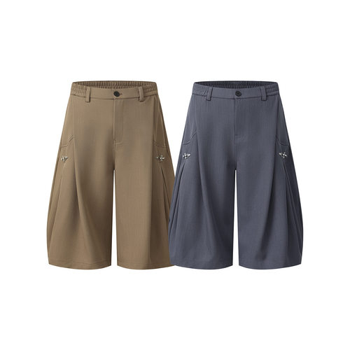 日系简约2026夏季新款飞机扣老钱风七分裤男宽松工装中裤休闲短裤