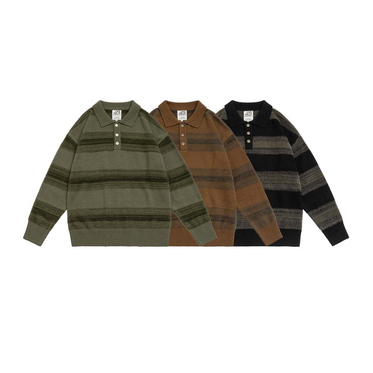 日系复古翻领渐变条纹毛衣男潮牌秋冬新款情侣套头针织衫上衣外套