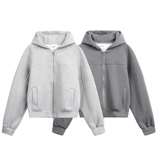 日系复古高街cleanfit短款 外套潮 连帽卫衣男女宽松boxy双拉链开衫