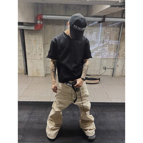 RO风小众暗黑高弹力拖地米白色磨毛喇叭牛仔裤男潮牌显瘦阔腿裤子